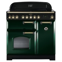 Classic 90cm ceramic range cooker in Racing Green with brass trim, featuring a sleek design, multiple knobs, and a large oven window.