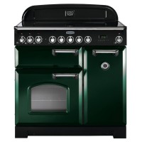 Classic 90cm ceramic range cooker in racing green with chrome trim, featuring multiple control knobs, a large oven door, and a sleek, retro design.
