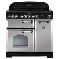 Classic Deluxe 90cm ceramic range cooker in royal pearl with chrome trim, featuring a black control panel, multiple knobs, and two ovens with a large viewing window.