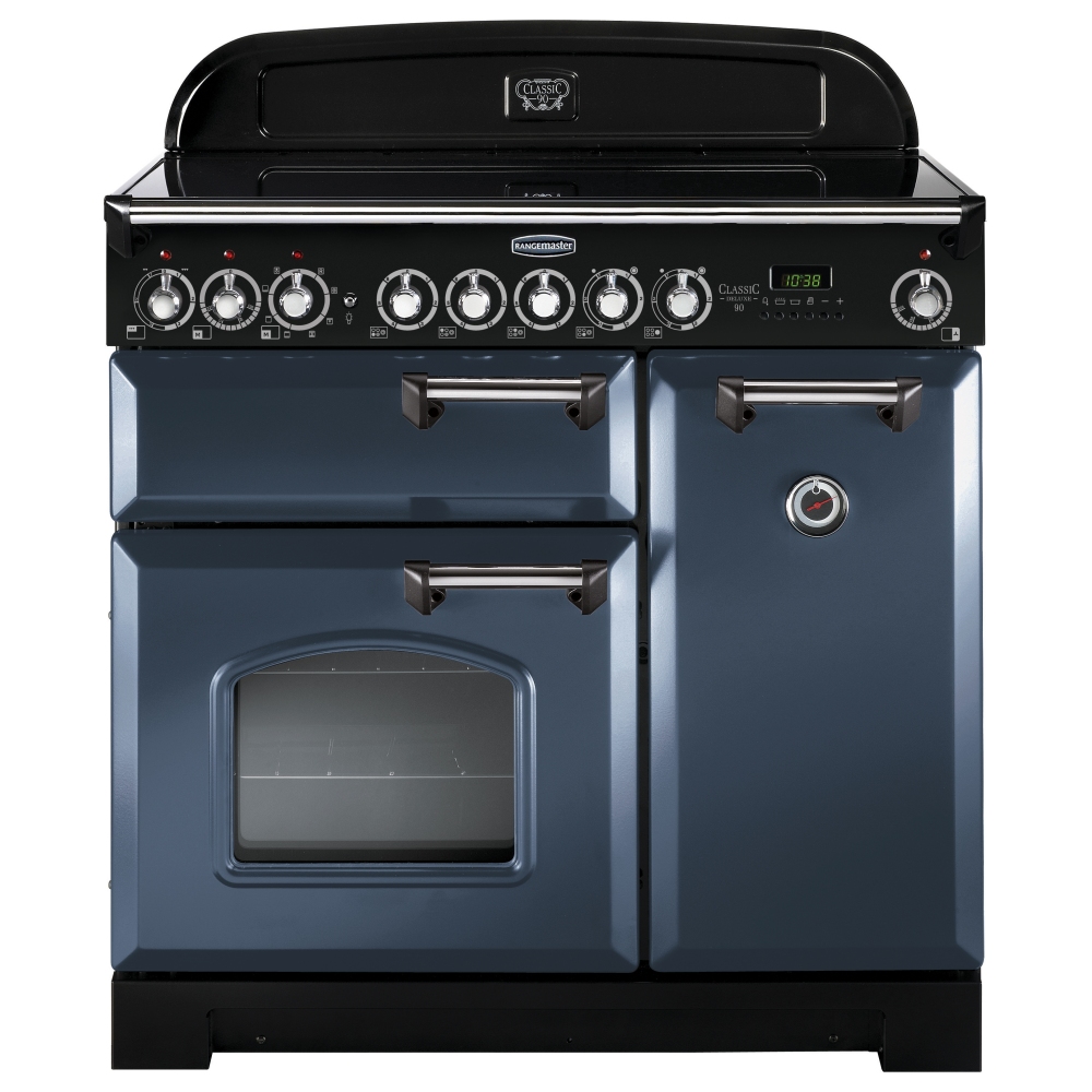 Classic Deluxe 90cm ceramic range cooker in stone blue with chrome trim, featuring five control knobs, a digital display, and two ovens with a glass window.
