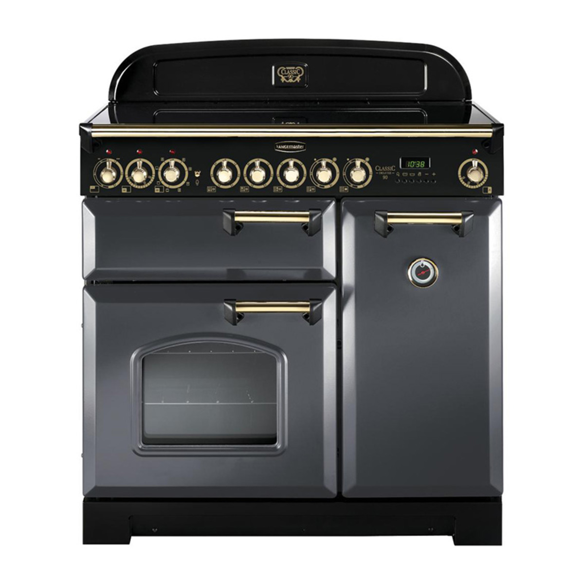 Classic Deluxe 90cm ceramic range cooker in slate with brass trim, featuring multiple control knobs, a large oven door, and a sleek, modern design.