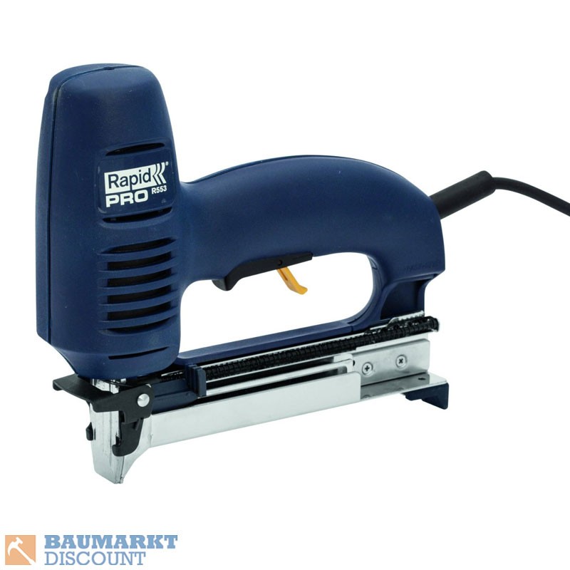 Blue electric staple and nail gun with a sleek design, featuring a trigger mechanism, a metal base, and a power cord, ideal for various fastening tasks.