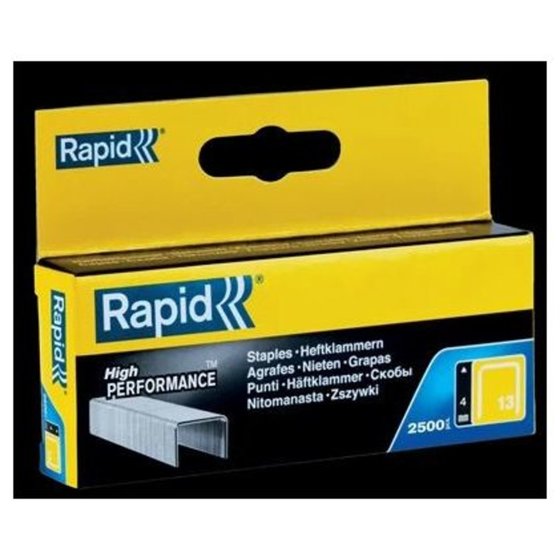 Yellow box packaging for Rapid No. 13 Finewire Staples, 4 mm, containing 2500 staples, featuring a sleek design and clear product details on the front.