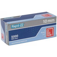 Blue and gray box of Rapid 53/10B 10mm galvanized staples, contains 5000 pieces, with branding and size details.