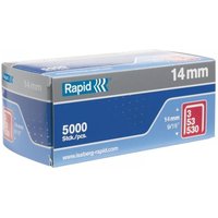 Blue and gray box of Rapid 53/14B 14mm galvanized staples, 5000 count, with product details and logo.