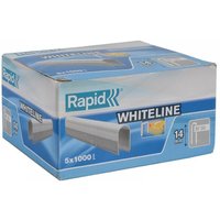 White Rapid 36/14 staples, 14mm depth, box of 1000 x 5, blue packaging with product image and branding.