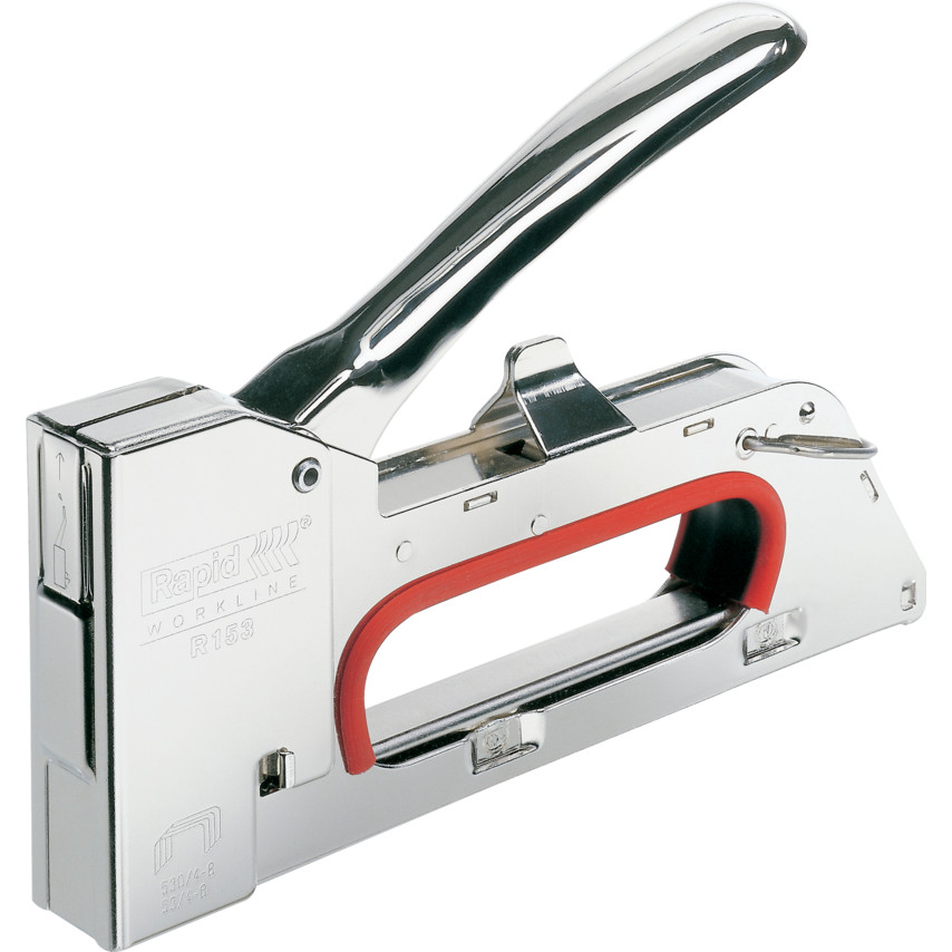 Silver all-steel tacker with a red handle, model R153 PRO, designed for 53 staples (6-8mm), featuring a sleek, ergonomic design for easy use.