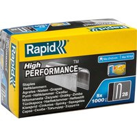 Yellow and black box of Rapid 28 Galvanised Staples, featuring silver staples and multilingual text.