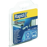 Clear plastic pack of 400 galvanized Rapid VR16 fence hog rings with blue and yellow label.