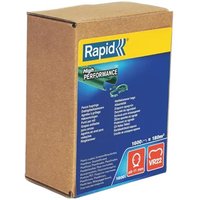 Boxed Rapid Vr22 Fence Hog Rings, 1600 count, galvanized, with blue and yellow label detailing product features.