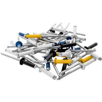 Assorted colored automotive rivets, 4.8 x 16mm, in blue, yellow, black, and silver, packaged in a blister of 32.