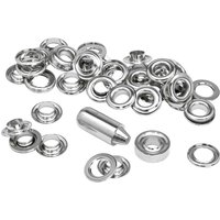 Shiny silver Rapid Aluminium Grommets scattered with cylindrical tool, smooth and reflective finish.