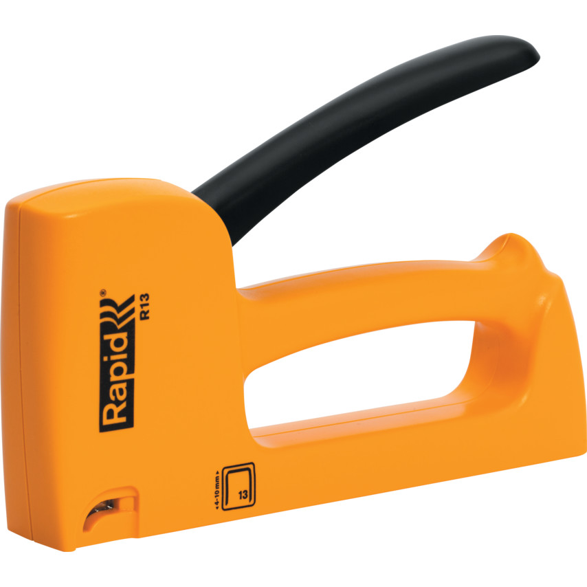Yellow Rapid R13E staple gun with a black handle, designed for fine wire staples, featuring a sleek plastic body and a trigger mechanism for easy use.