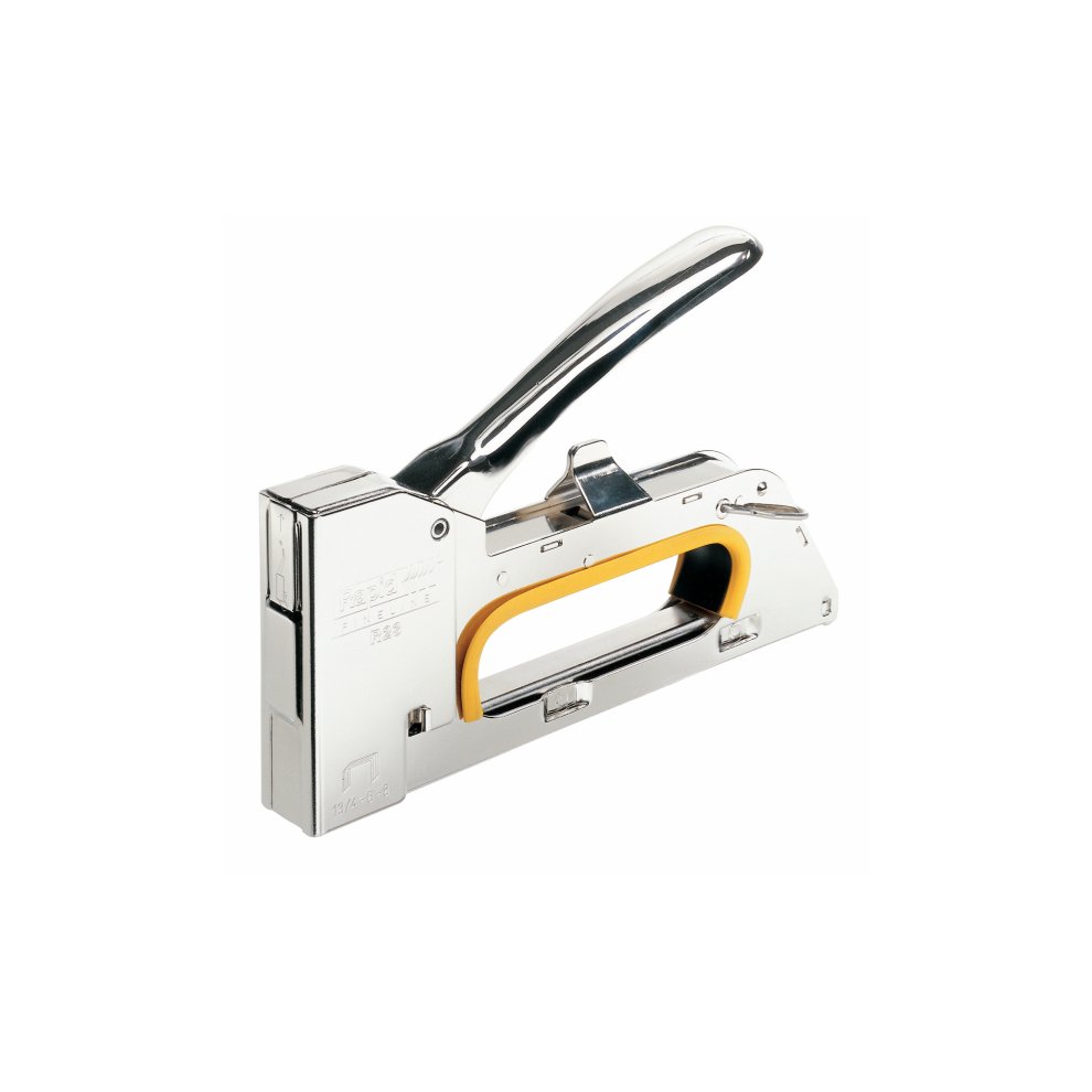 Metallic silver staple gun with a shiny chrome handle and a bright yellow trigger, featuring a sleek design and a visible loading chamber for staples.