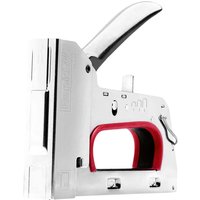 All-steel Rapid R353 PRO tacker with red handle grip and a chrome finish, featuring a robust design and staple adjustment.