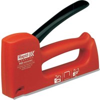Red Rapid R53E hand stapler with black handle and staple loading instructions on the side.
