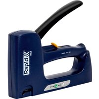 Blue Rapid R64E Ergonomic Combi Tacker with black handle and orange trigger, featuring a compact design.