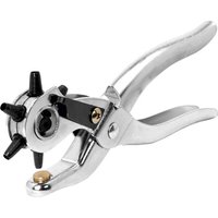 Silver Rapid rotating leather hole punch pliers with black rotating wheel and multiple punch sizes.
