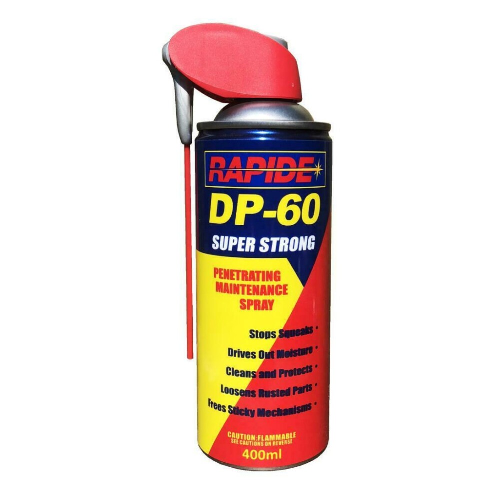 Red and blue aerosol can labeled "RAPIDE DP-60 SUPER STRONG," featuring a red adjustable straw, 400ml capacity, and text highlighting its maintenance and protective features.