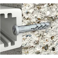 Gray Rawlplug hammer fixer, 8x120mm, with ribbed plastic sleeve and metal screw, shown in concrete wall.