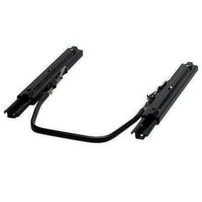 Black metal seat runner with dual tracks and a connecting cable, designed for Recaro seats, featuring sturdy construction for secure installation.