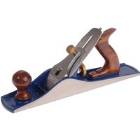 Blue and silver Record 05 Jack Plane with wooden handles and adjustable brass knob.