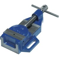 Blue Record drill press vice with silver jaws, T-handle, and mounting holes.