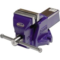 Blue Record Mechanics Vice with steel jaws, swivel base, and chrome handle.