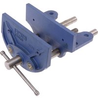Blue Record Woodcraft Vice with metal handle, dual guide rods, and mounting holes on sturdy cast iron frame.