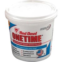 White tub of Red Devil Onetime Ready Mixed Filler with red and blue text, featuring a red devil logo.