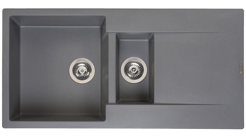 Grey Reginox Amsterdam 1000.10 sink featuring a rectangular design, two circular stainless steel drains, and a smooth, matte finish.