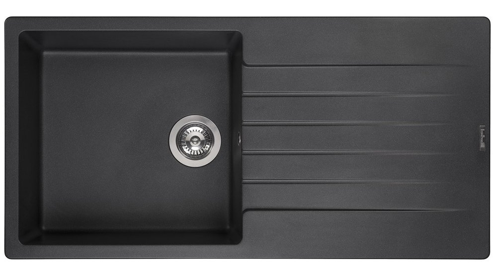 Single bowl kitchen sink in black granite with a reversible drainer, featuring a smooth surface and a stainless steel waste fitting.