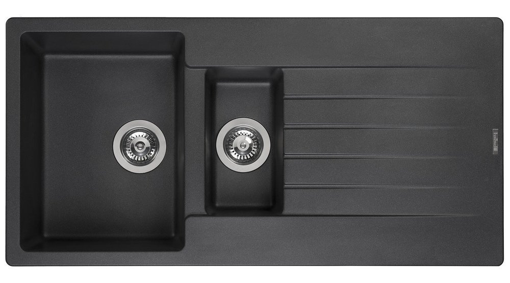 Reginox Harlem15 kitchen sink features a silver black granite finish, 1.5 bowls, reversible design, and two stainless steel waste fittings with a sleek, modern look.