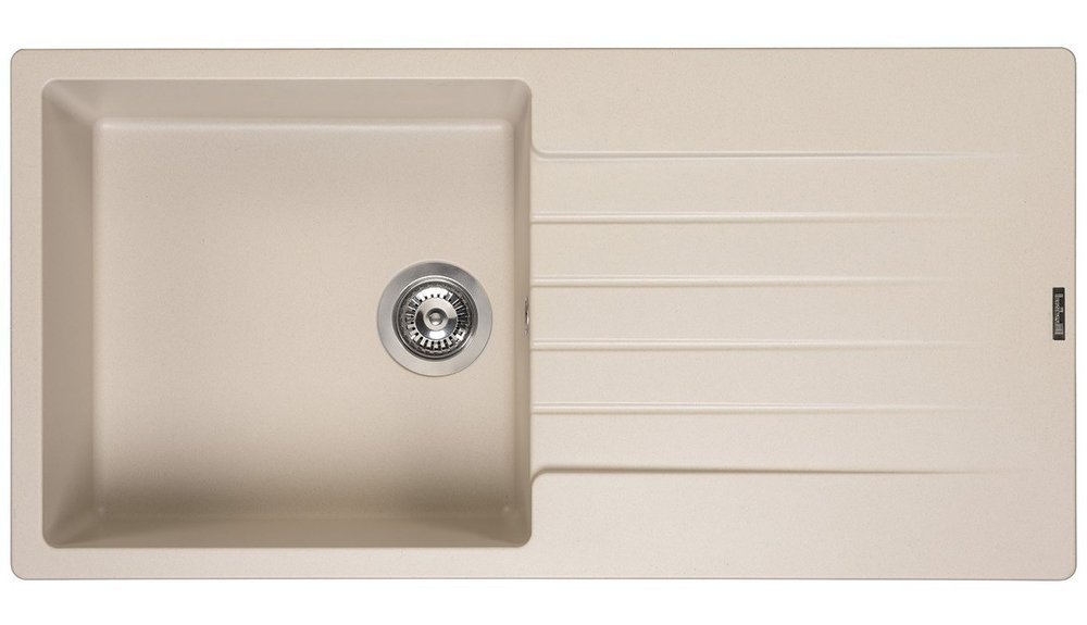 Caffe granite single bowl kitchen sink with a reversible inset design, featuring a smooth surface and three drainage grooves on one side.