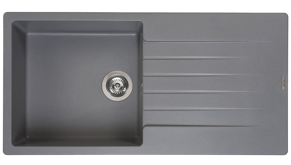 Grey granite sink with a single large basin, featuring a sleek design and integrated draining grooves, complemented by a stainless steel drain.