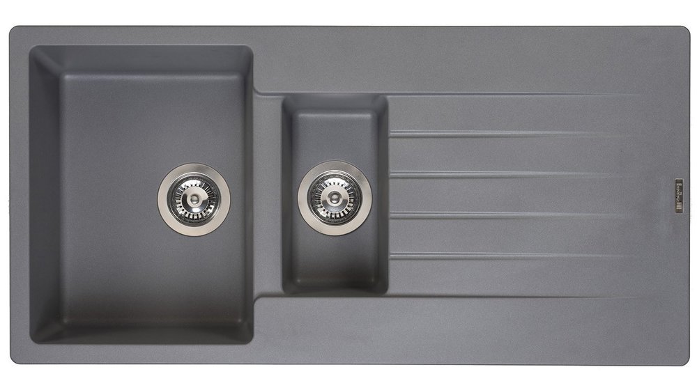 Silver grey granite kitchen sink featuring a 1.5 bowl design, reversible waste, and sleek, integrated drainer grooves.