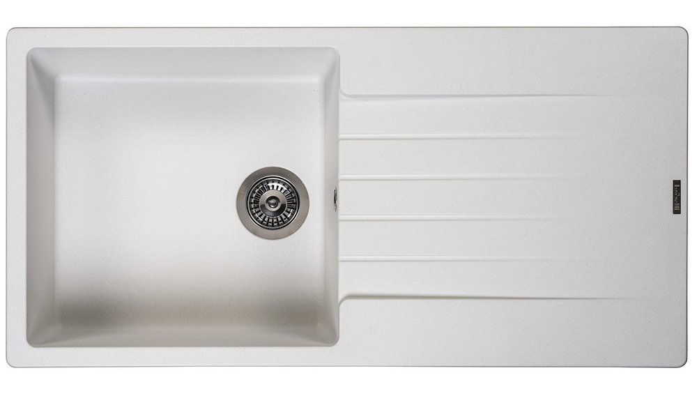 White composite kitchen sink with a single large bowl, featuring a sleek design, integrated drain, and three horizontal grooves on the side for drying or preparation.