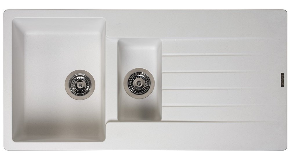 Pure white granite kitchen sink featuring a 1.5 bowl design, reversible waste, and textured drainer grooves.