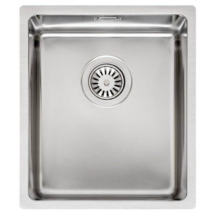 Stainless steel 3D sink by Reginox, model Houston, measuring 34 x 40 cm, featuring a smooth, polished surface and a central drain with a circular strainer.