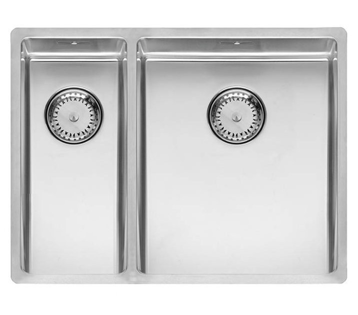 Stainless steel undermount kitchen sink featuring a 1.5 bowl design with a sleek, polished finish and circular strainers in each bowl.