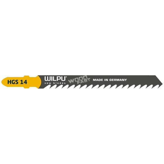 Five Reisser T144D jigsaw blades for wood, featuring a sharp, serrated edge, metallic finish, and a yellow and black color scheme, labeled "Made in Germany."