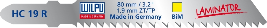 Reisser HC19RBI Laminator jigsaw blade pack featuring five metallic blades, 80 mm long, with blue and yellow branding, designed for flooring applications.