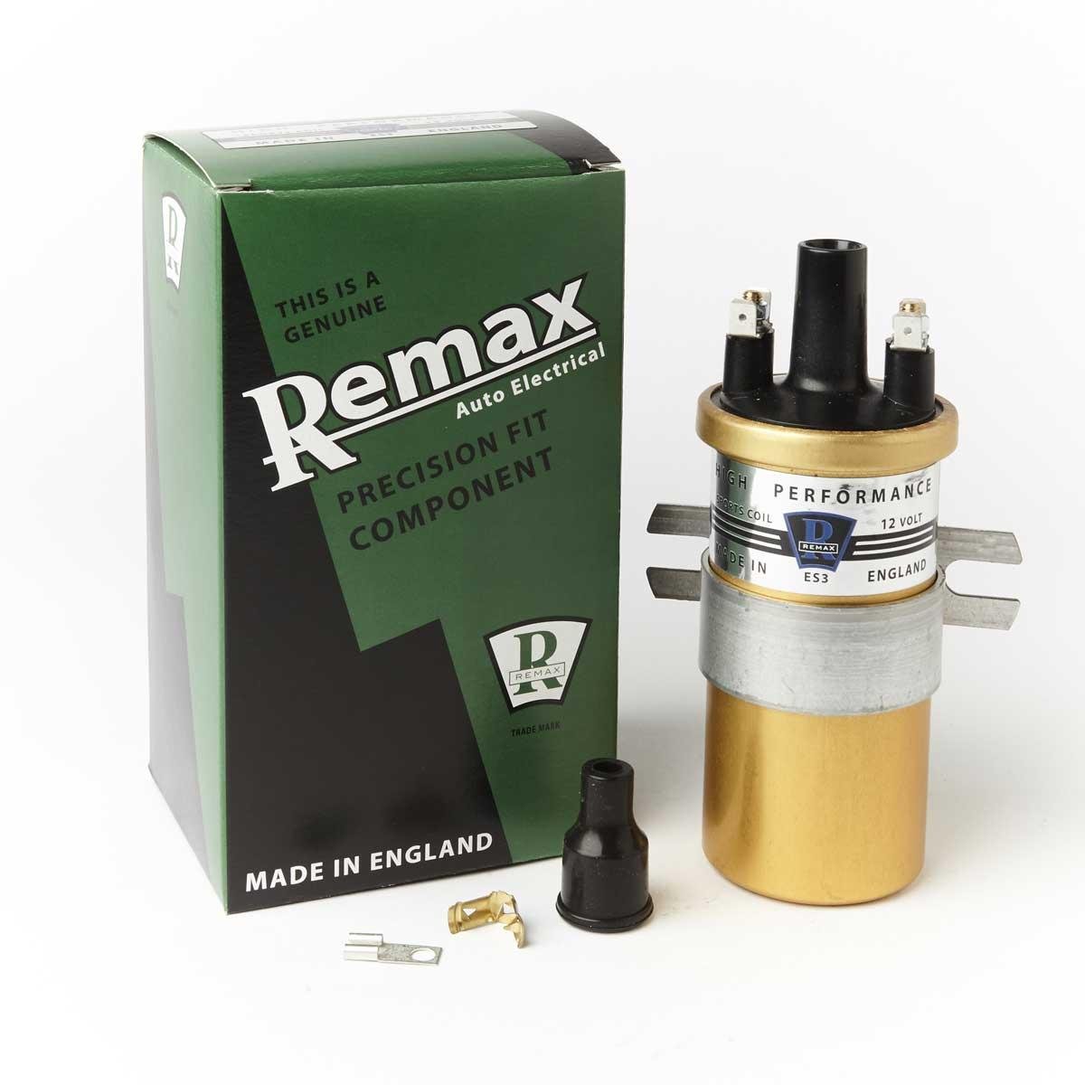 Remax ES3 Ignition 12V Sports Coil in a gold and silver finish, with a black plastic connector, packaged in a green and black box labeled "Remax Precision Fit Component."