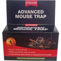 Black Rentokil Advanced Mouse Trap with a spring-loaded mechanism and safety cover in a branded box.