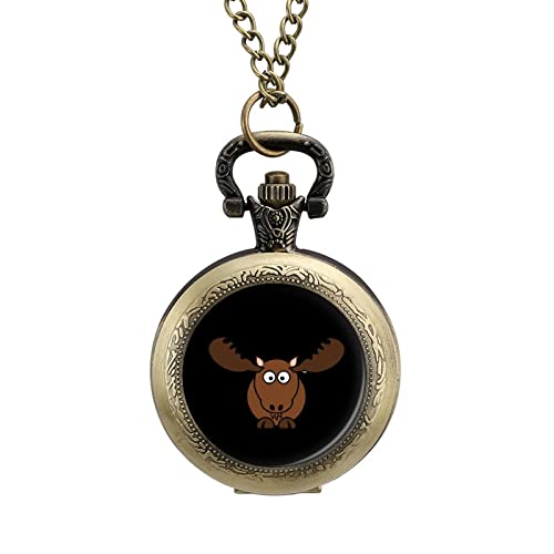 A round, bronze pocket watch with a chain, featuring a cartoon moose design on a black background, adorned with intricate engravings on the outer casing.