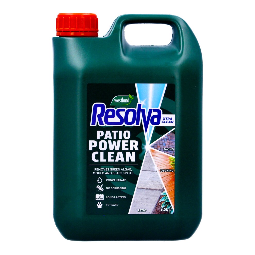 Green plastic container of Resolva Xtra Clean Concentrate Patio Power, 2.5L, featuring a red cap, labels highlighting its effectiveness against algae and stains, and pet-safe formula.