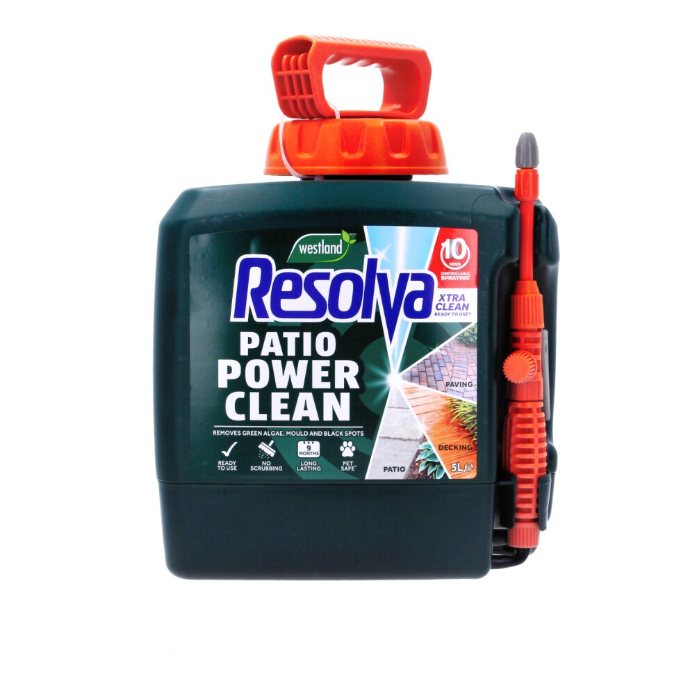 Green plastic container with an orange handle, labeled "Resolva Patio Power Clean," featuring a spray nozzle and designed for cleaning patios, 5L capacity.