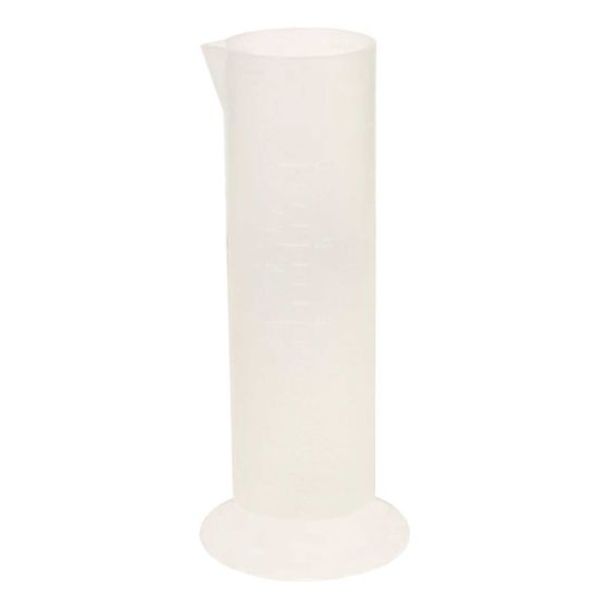 Clear plastic oil measuring tube with a tapered spout and a stable base, featuring measurement markings along the side for precise volume readings.