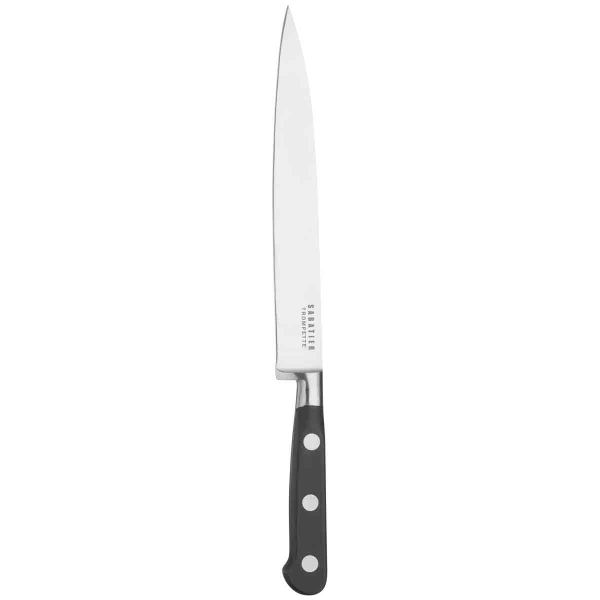 Sleek stainless steel carving knife with a long, tapered blade and a black ergonomic handle featuring three rivets for a secure grip.
