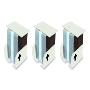 Three white cartridges with a black and blue staple refill, each labeled with an upward arrow, designed for Ricoh SR3090/SR3130 finishers, totaling 5000 staples per cartridge.